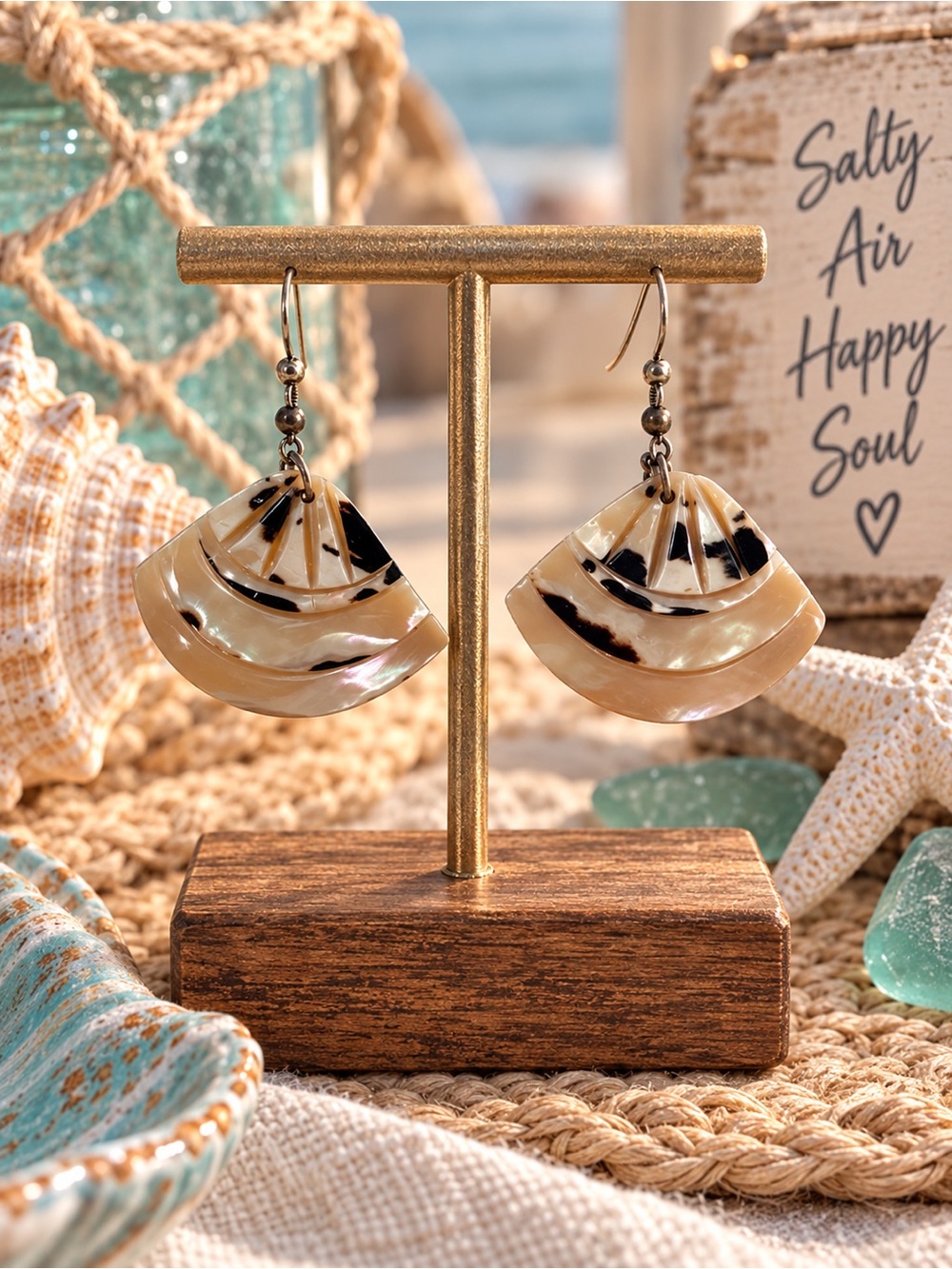 Hand Crafted Cream and Black Shell Fan Drop Earrings